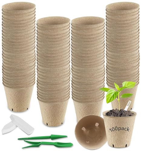 OdiuK 100 PCS Fibre Seed Pots 8cm Round Biodegradable Seedling Pots, Nursery Flower Pots with 100Pcs Plastic Plant Labels and Widger & Dibber for Seedling Vegetables Succulents Plants Fruit Flower
