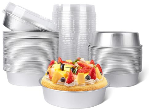 Beasea Mini Ramekins with Lids, 50 Pack 4 Inch 8oz Disposable Aluminum Foil Cake Baking Tins Pans Creme Brulee Tart Pie Tins Silver Small Individual Round Containers Oven Safe for Baking