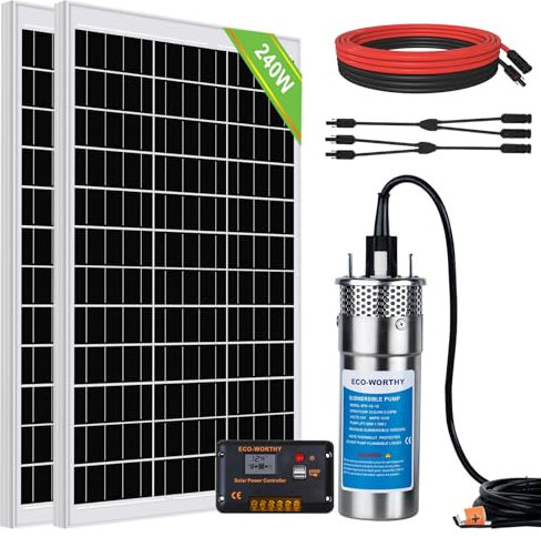 DCHOUSE Sistema di pompa per pozzi, pompa per acqua in acciaio inox da 12V + pannello solare monocristallino da 120W + cavo solare per l'approvvigionamento idrico in regioni remote, pozzi profondi