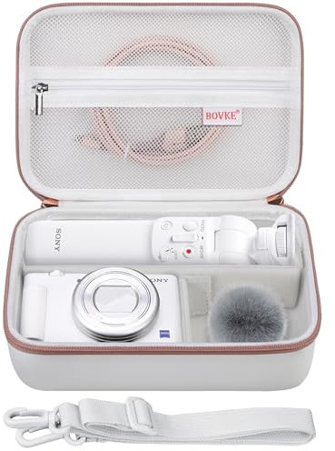BOVKE Carrying Case for Sony ZV-1 / ZV-1F / ZV-1 II Vlog Digital Camera & Bluetooth Grip Vlogger Accessory Kit for Vlogging YouTube Live Video Streaming, Mesh Pocket for Accessories, White Rosegold
