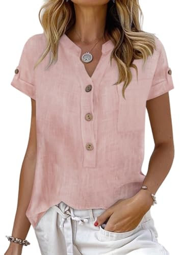 shownicer Camicetta Donna in Lino Cotone Estive Camicie Maniche Corte con Bottoni Blusa Maglietta Scollo a V Top Moda Casual T Shirt Tinta Unita Classico Maglia Tees A Rosa Chiaro XL