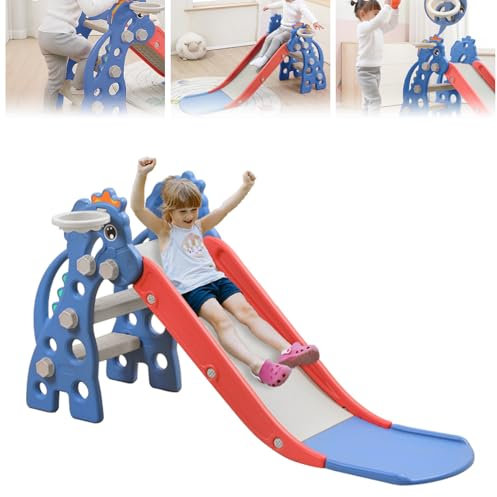 TWOLIIN 3-in-1 Kinderrutsche, Kinder Spielplatz, Spielzeugrutsche mit Kletterleiter und Basketballkorb, Multifunktionale Rutsche für Kinder von 1-5 Jahre