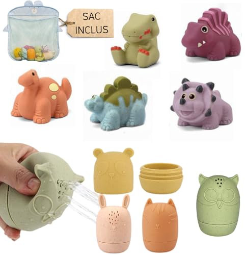 AquaBambin – Lot de 9 Jouets de Bain de Bebe en Silicone sans BPA, éco-Friendly, avec Animaux et Dinosaures à pulvériser, Filet de Rangement, idéal dès 6 Mois, 1-3 Ans