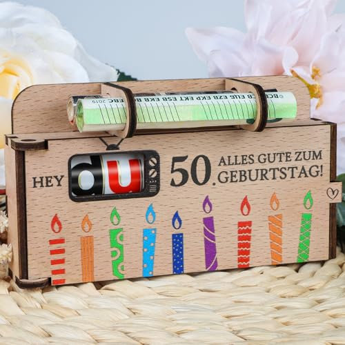 TUZELIYA Originelle 50. Geburtstag Geldgeschenke Holz - Duplo Schokoriegel-Geschenkbox Deko - Geschenkideen zum 50. Geburtstag Frauen Männer - OHNE Duplo
