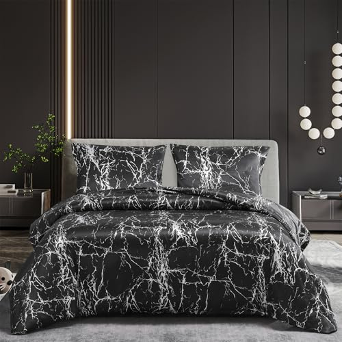 Bettwäsche Marmor 220x240cm Satin Schwarz Weiß Grau Bettwäsche Set Marmor Optik Wende Seide Glänzend Glatt Bettbezug 220x240cm + Kissenbezug 80x80cm mit Reißverschluss Marmor Optik Bettwäsche Set 3tlg