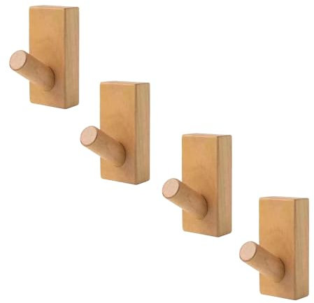 4-Pack Wood Wall Mounted Coat Hooks – Individual Adhesive Natural Wooden Grain - Hat, Clothes, Coats, and Bags Hangers Ideal for Bedroom, Hallways, Entryway (Rectangle Beech)