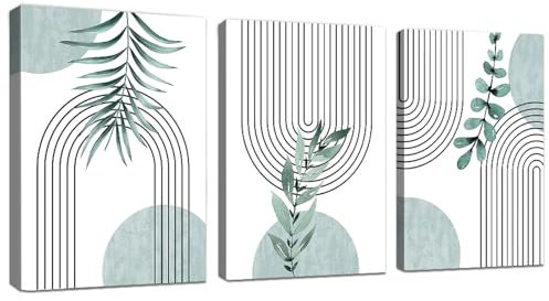 WENGTIAO 3 Stück Boho Grün Abstrakte Leinwand Bilder Kunstdrucke mit Rahmen Salbeigrün Botanische Pflanzen Geometrisch Linie Wandbilder auf Leinwand Wohnzimmer Schlafzimmer Wanddeko 40x60 cmx3