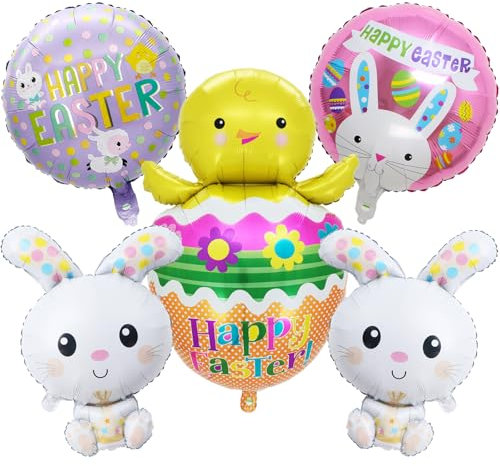 KOBOKO Ostern Deko Folienballon, 5 Stk Osterhasen Luftballon Tiere Huhn, Küken Ballon Ostereier Deko, Kaninchen Deko Hase Luftballons, Osterdeko Hasen Helium Ballons, Hase Luftballon Ostern Party Deko
