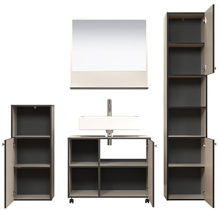 trendteam smart living - PureBliss - Badezimmer Komplettset (WBU + Spiegel 60cm + Standschrank + Hochschrank) - Hellgau/Kashmir - Rillenoptik - Aufbaumaß (BxHxT) 180 x 186 x 42cm - Metallgriffe