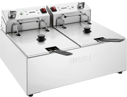Buffalo Stainless Steel Double Countertop Fryer 2x5Ltr 2x2.8kW | Thermostatic safety cut-out prevents overheating, while separate dial controls allow independent well operation.
