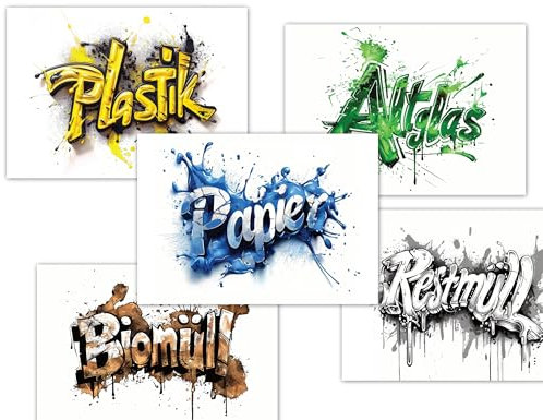 PICTALOO Mülltonnenaufkleber Graffiti XL, 10er Set coole Aufkleber Mülltrennung, Mülltonnen Abfalltrennung Jugendliche, Müllaufkleber Biomüll, Altpapier, Gelber Sack, Rest Müll & Glas (Mix)