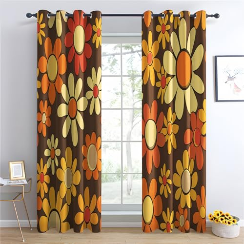 Luxfieo Retro 70er Vorhänge Vintage Hippie Blumen Vorhang Blickdicht Gardinen Verdunklungsvorhänge mit Ösen Thermovorhang für Wohnzimmer Schlafzimmer Kinderzimmer Fenster Deko 2er Set H 200 x B 140 cm