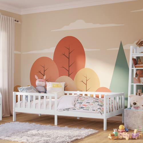 Bellabino Vere Kinderbett 90x200 cm – Montessori Bett mit Rausfallschutz & Lattenrost – Massives Kinder Bett für Jungen & Mädchen aus Holz Kiefer – Kleinkindbett in Weiß