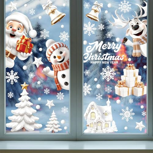 Fensterbilder Weihnachten 9 Blatt, Weihnachten Fensterbild Selbstklebend, Weihnachtsmann Schneemann Rentier Fensteraufkleber Fenstersticker Schneeflocke, für Weihnachts Winter Fenster Tür Deko