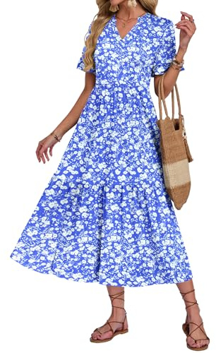 AUSELILY Summer Dresses for Women UK V Neck Maxi Dresses Blue Floral XL