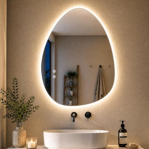 Clevich Asymmetrischer LED Badspiegel mit Beleuchtung 80x60 cm Beschlagfrei | Gehärtetes Sicherheitsglas, Touch-Schalter, Dimmbar,3 Lichtfarbe, Memory-Funktion, vertikale/horizontale Montage