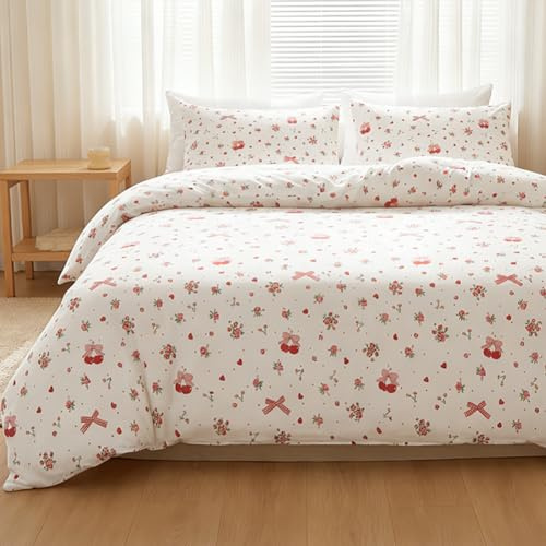 AShanlan Bettwäsche 135x200 Blumen Rot Floral Bettbezug Kissenbezug 80x80cm | ÖKO-TEX Bettwäsche-Sets, Weich Microfaser, Süß Kirschen Schleifen Bettwäsche mit Reißverschluss