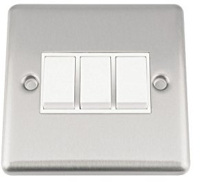 A5 Light Switch - Triple 3 Gang 2 Way - Satin Brushed Chrome - Classic Style White Insert Plastic Rocker Switch