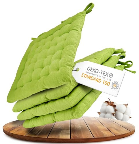 Gräfenstayn® 4er-Set Baumwoll-Sitzkissen 40x40x5cm mit Haltebändern für Indoor und Outdoor mit Öko-Tex Siegel - (Apfelgrün)