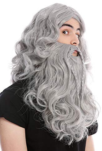 WIG ME UP - 90760-A+B-ZA68E Perücke & Bart Geflochten Herren Karneval Fasching Wikinger Viking Normanne Barbar Zwerg Grau