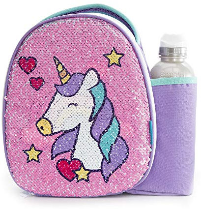 Smash 22841 Insulated, Polyester, 500 milliliters, Reverse Sequin Unicorn Lunch Bag and 500ml Bottle,8.5cm x 25.5cm x 25cm, Pink/ Purple