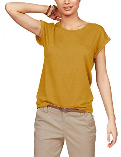 TrendiMax Damen T-Shirt Einfarbig Rundhals Kurzarm Sommer Shirt Locker Oberteile Basic Tops, Kurkuma, XL