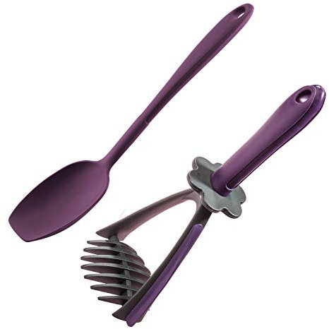 Kochblume Kartoffelstampfer & Soßenlöffel L 2er Set | Premium-Silikon | Hitzbeständig | Spülmaschinenfest | Farbe: lila