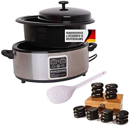 Hot Stone Set Pequeño calentador de 5,5 litros y 18 piedras calientes - Calentador profesional de piedras calientes de acero inoxidable para tratamiento térmico - Pantalla digital y apagado automático