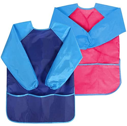 Gwolf Malkittel Kinder 2 Stück Malschürze Kinder Schule 7-10 Jahre, Wasserdichte Werkschürze Kinder Schule mit Ärmeln und 3 Taschen, Malhemd für Malerei, Kochen, Essen,Laboraktivität (Blau + Rosa)