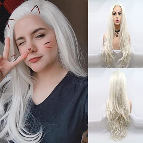 Xiweiya U Part Platinblond gewellte Spitzenperücken langes Haar synthetische blonde Lace Front Perücken Körper Wave Haar Weiß Queen Elsa Haarstil Elsa Cosplay Perücken