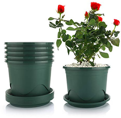 T4U 16CM Plastic Plant Pot with Saucer Set of 6, Root-Control Nursery Seedling Planter Decorative Garden Flower Pot Container Green for Indoor Outdoor Bonsai Plants, Aloe, Herb, Orchid and More