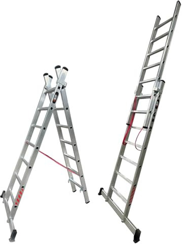 BTF Escalera de Aluminio Extensible 2 tramos transformable en Tijera 2,0+2,0 Metros 7 peldaños por Tramo | Ideal para Trabajos en casa Chalet finca Rural o Local Comercial. BTF-EDB6720