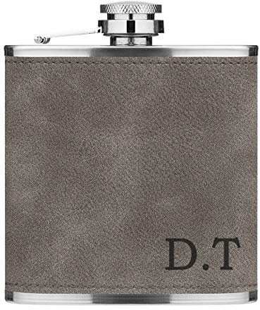Personalisiert Individuell Initialen Name 6oz Pu-Leder Flachmann Grau Premiumqualität