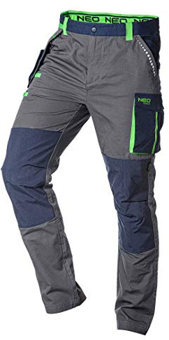 NEO TOOLS Herren Premium Arbeitshose, 100% Baumwolle 210 g/m2, Ripstop | Kniebereich mit Cordura verstärkt, Regulierbarer Gummibund