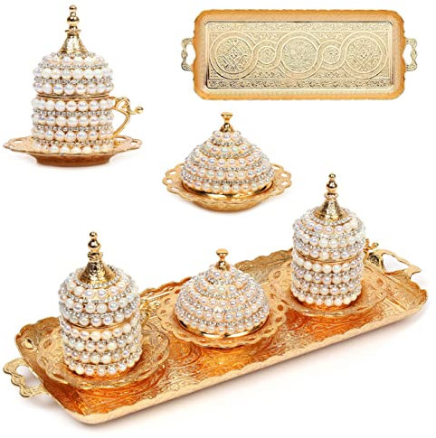 Alisveristime Turkish Coffee Set for Two - Pearl Set with Ottoman Motifs (Set of 2) (Gold)