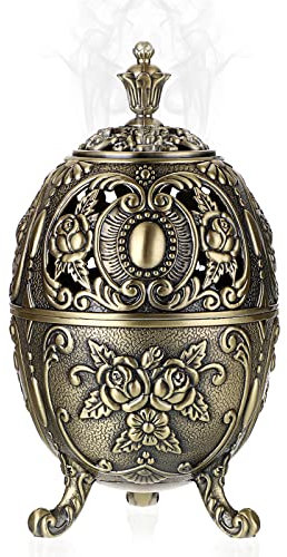 BSTKEY Vintage Metal Zinc Incense Burner Holder, Decorative Coil Incense Holder Burner with Removable Tray Aromatherapy Burner for Home Office Spa, Bronze