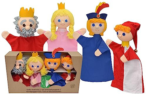 Set 4-Fach Handpuppe Puppe Handspielpuppe Prinz König Königin 18,5 cm, Ideal für Puppentheatre und Rollenspiele Märchenfigur, für Kinder Baby Jungen Mädchen
