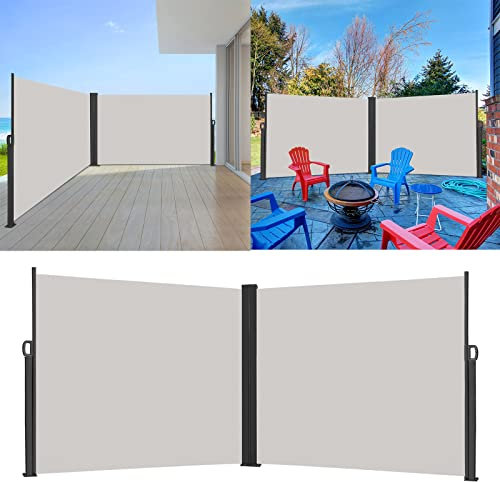LARS360 Hellgrau Doppelseitig Ausziehbar Seitenmarkise Aus Polyester und Alu Metall Ständer, Sonnenschutz Windschutz Sichtschutz, Seitenwandmarkise Markisenstoff, 200x600cm