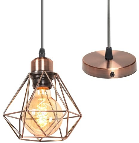 TOKIUS Pendelleuchten 16CM Vintage Hängelampe im Industrial Design Retro E27 Lampe aus Eisen Geometrisch Käfig Lampenschirm Retro Hängeleuchte (Kupferrost, Pendellampe 1-flammig)