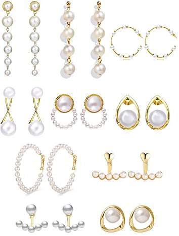 KOEMCY 10 Paar Gold Perlen Ohrringe Set für Damen Perlenohrringe Hypoallergen Tropfen Ohrringe Boho Statement Ohrringe Große Creolen Perlen Hoop Ohrstecker Schmuck