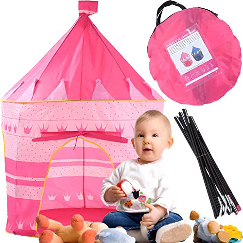 Retoo Spielzelt Kinder, Kinderzelt, Prinzessinnenschloss für Mädchen Spielhaus für Kleinkinder, Kinderhaus, Kinderspielhaus für Innen und Außen, Spielzeug, Tragetasche, 135x105x105cm, Rosa