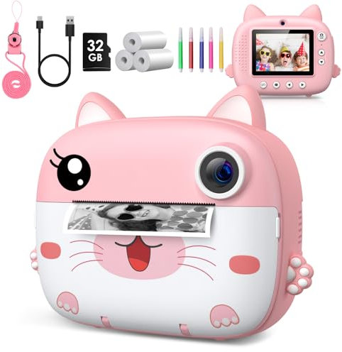 GREENKINDER Camara Fotos Infantil Instantanea - 2.4 HD 1080P Camara Fotos Infantil con Tarjeta SD de 32GB,Bolígrafos de Colores y Papel de Impresión,Cámara Instantánea para Niños y Niñas 3 a 12 Años