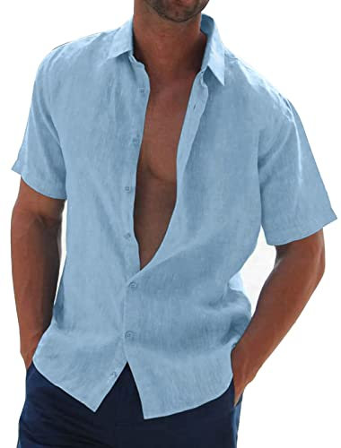 Halfword Uomo Camicia Lino Manica Corta Estiva Casual Risvolto Cotone Hawaiian Tinta Unita Vacanze Beach Blu 4XL