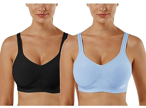 Vertvie Damen 1/2/3er Set Sport BH Einfarbig Ohne Bügel Bustier Klassische Bequem Stretch Bra Mittle Halt Gepolstert Wohlfühl-BH (Schwarz+Baby Blau, XXL)