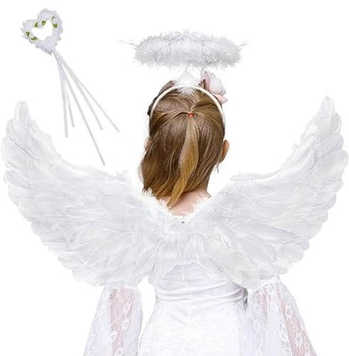 Engelsflügel, 60 cm Federflügel Engel Weiß, Engel Flügel Set mit Heiligenschein und Zauberstab, Engelsflügel Deko, Engel Kostüm Damen Kinder für Halloween Fasching Karneval Cosplay Party
