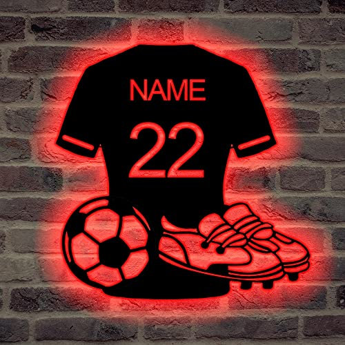 Personalisierte Fußballtrikot Metall Monogramm Zeichen, benutzerdefinierte Name Sport Metall Monogramm Zeichen mit LED-Leuchten, Wandkunst, Wand hängende Dekoration für Fußball liebenden Fans Home