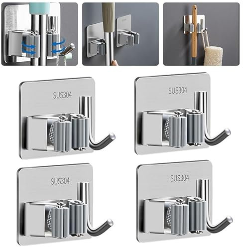 SIVFOTID Besenhalterung Skihalterung Wand Krückenhalter Gerätehalter Besenhalter Gartengerätehalter Klemmhalter Besen Halterungen Wand Selbstklebend, 4 Stück SUS304