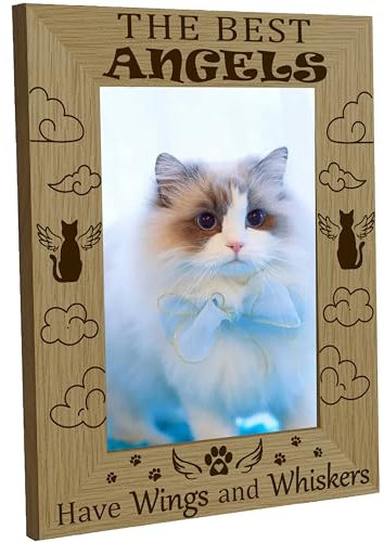 CREATCABIN Katzen-Bilderrahmen,Haustier-Holz-Bilderrahmen,Graviertes Display,Holztischplatte,Erinnerungsgeschenke Zum Aufhängen,Wandgalerie,21.8x16.8cm Die Besten Engel Haben Flügel Und Schnurrhaare