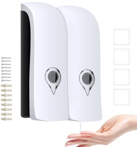 2 x 300ml Seifenspender Wandbefestigung,Doppelkopf Wandmontage Manueller für Duschgel Shampoo Desinfektionsmittel für Küche,Bad,Büro Geschäfte,öffentliche Orte,Schraubmontage oder Ohne Bohren Weiß