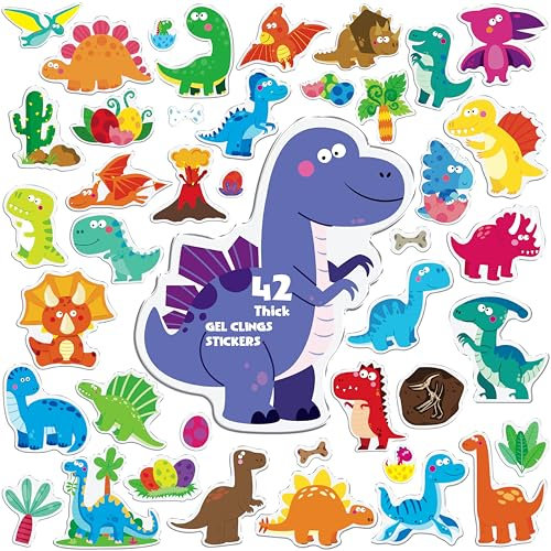 42PCS Dinosaur Jelly Stickers, Thick Window Door Clings Removable Reusable Gel Clings Decals for Kids Toddlers Adults Home Classroom Nursery Animal Theme Party Supplies (Not Edible)